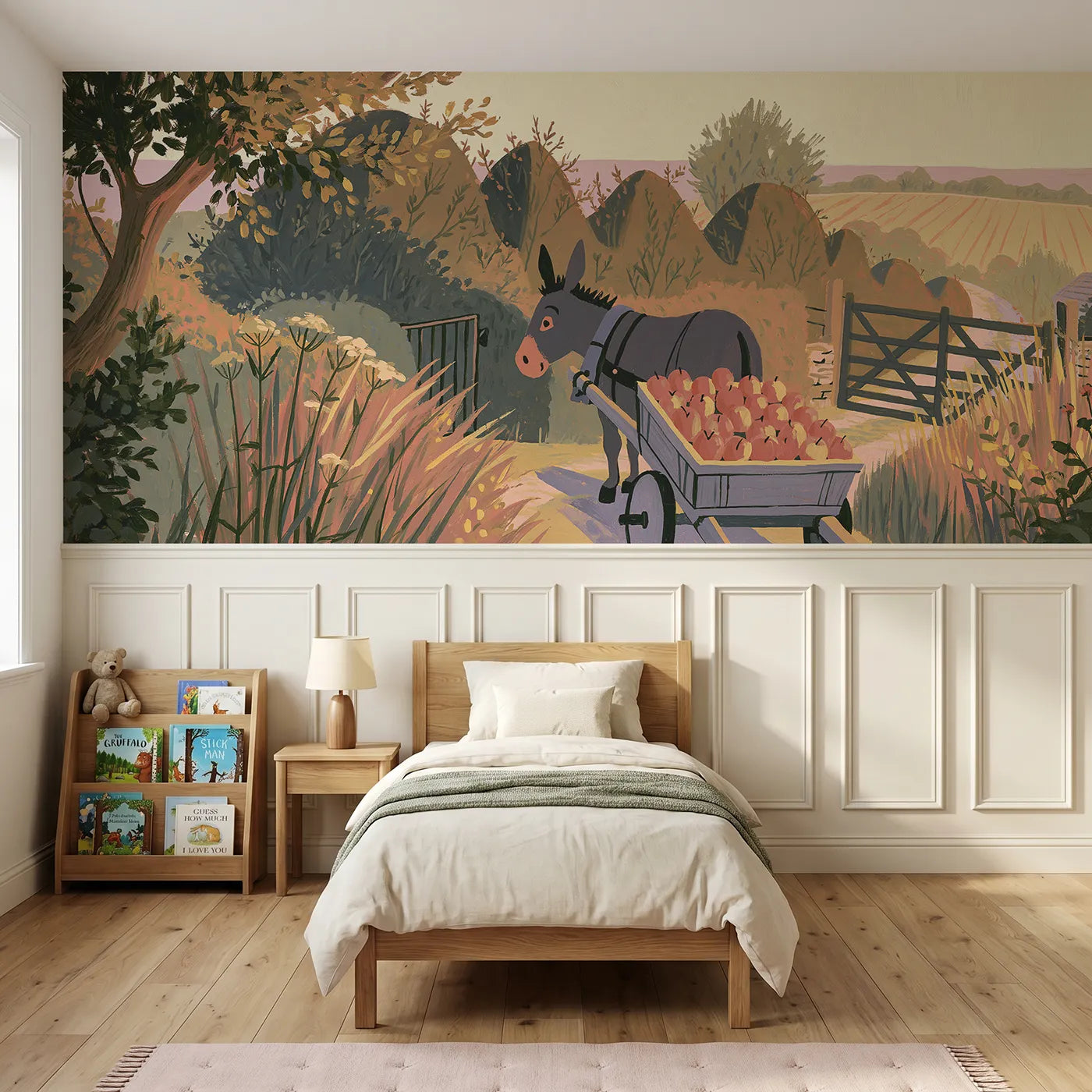 Modern illustration wainscoting wallpaper of a donkey pulling an apple cart by Whimsy Tots