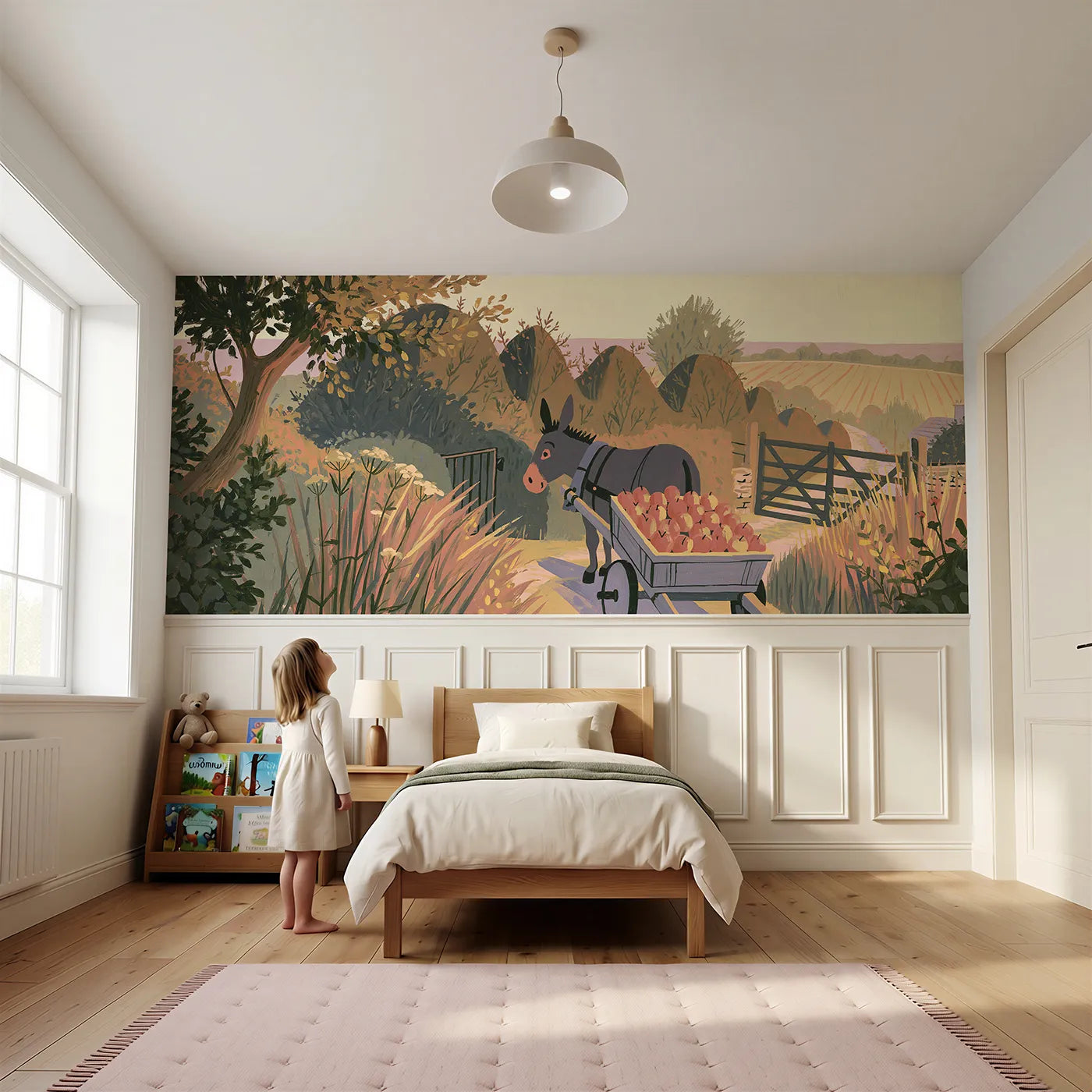 Child reading near Painted Donkey Cart Apples Wainscoting Wallpaper by Whimsy Tots