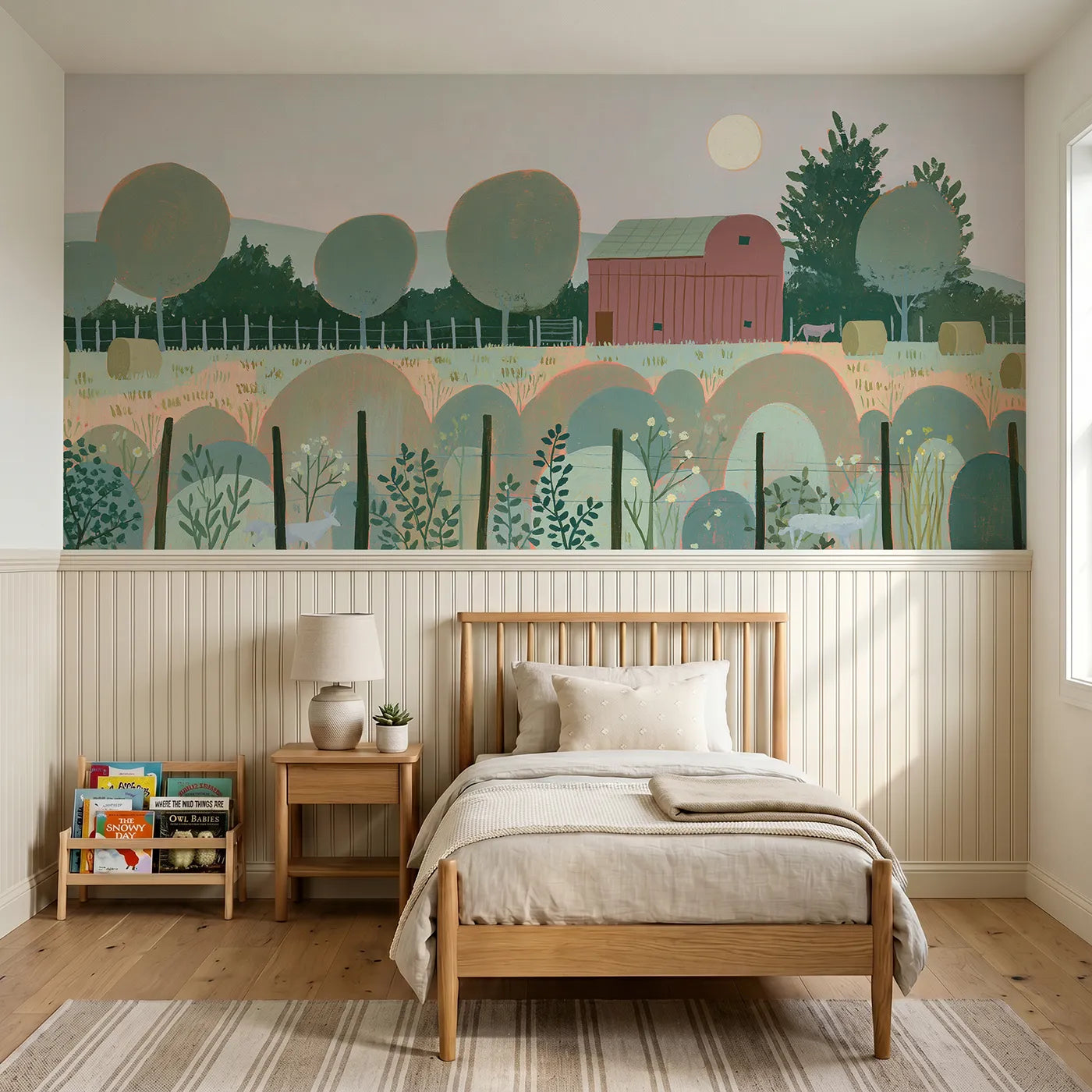 Modern illustration wainscoting wallpaper of a red barn at morning by Whimsy Tots