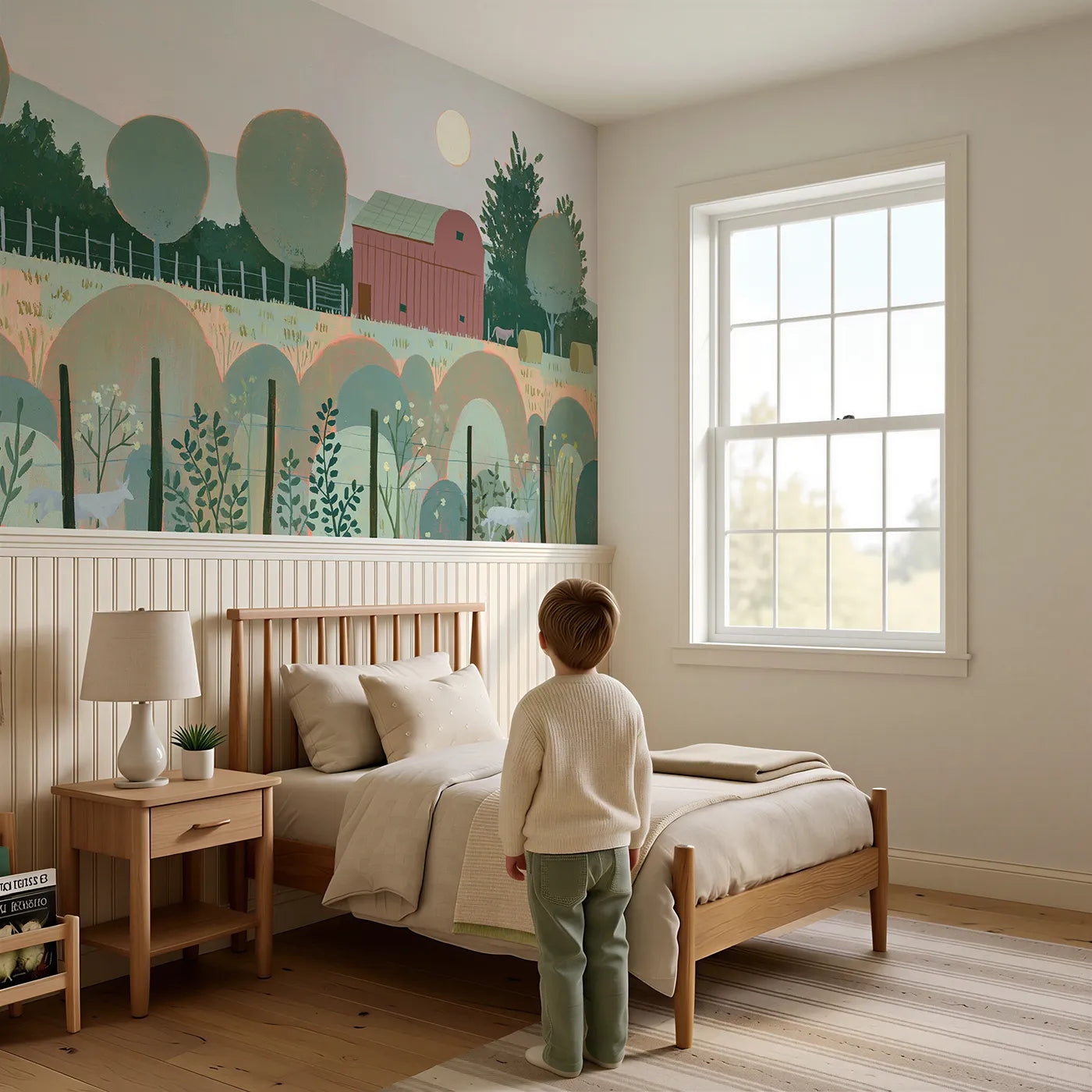 Child reading near Painted Red Barn Morning Wainscoting Wallpaper by Whimsy Tots