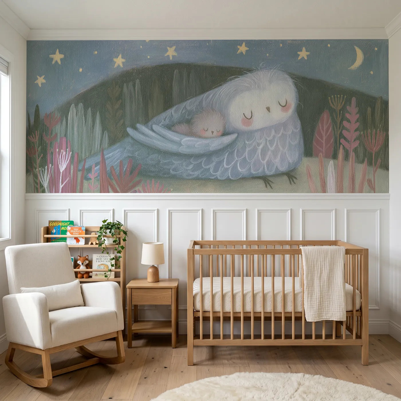 Colored pencil wainscoting wallpaper of a chick tucked under a wing by Whimsy Tots