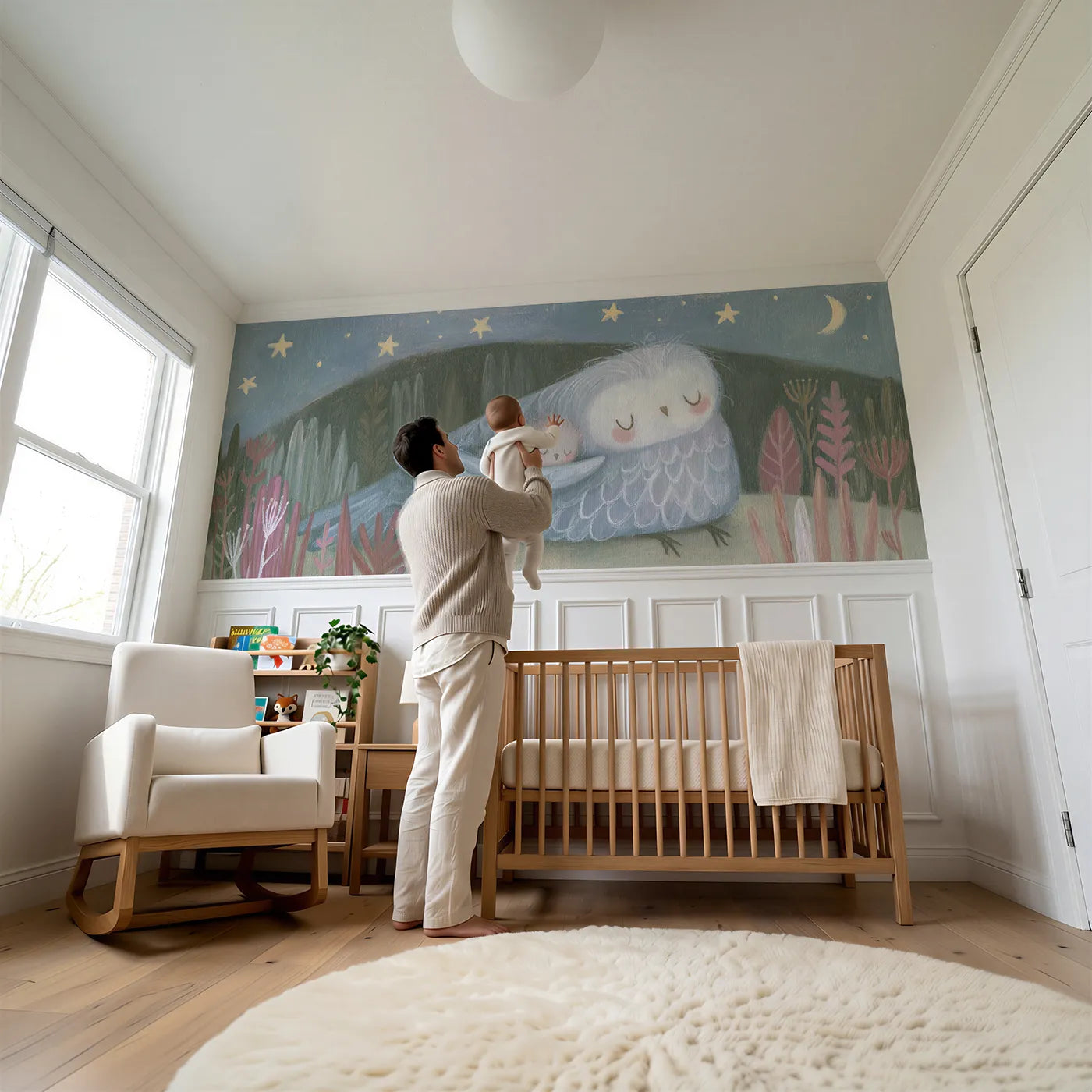 Child reading near Chick Sleepy Wing Tuck Wainscoting Wallpaper by Whimsy Tots