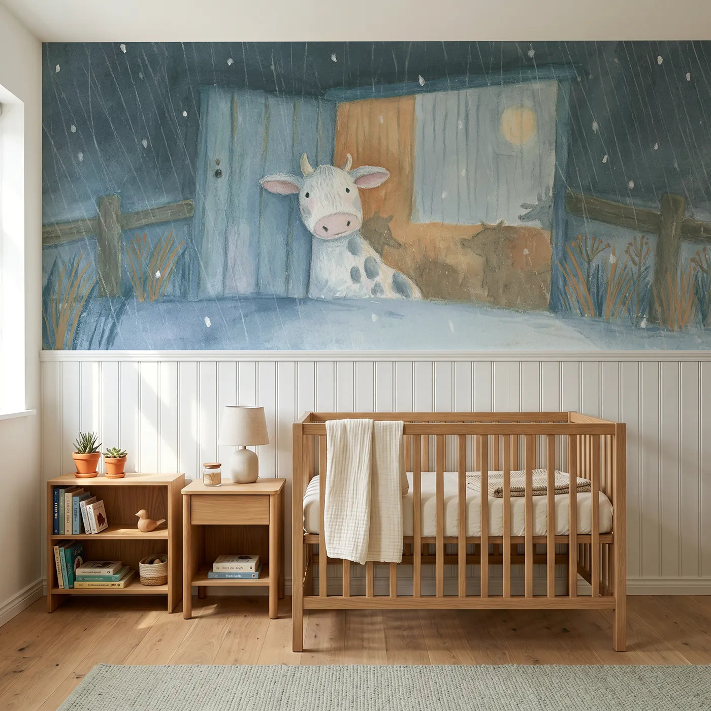 Colored pencil wainscoting wallpaper of a cow watching rain from a barn by Whimsy Tots