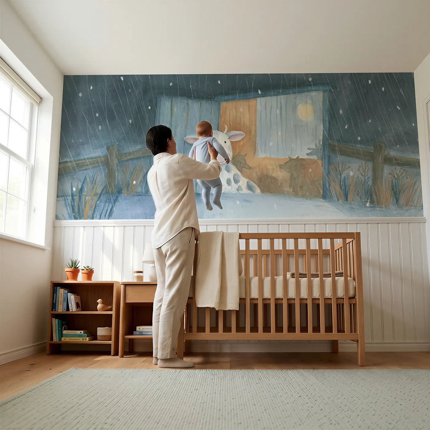 Child reading near Cow Gentle Rain Watch Wainscoting Wallpaper by Whimsy Tots