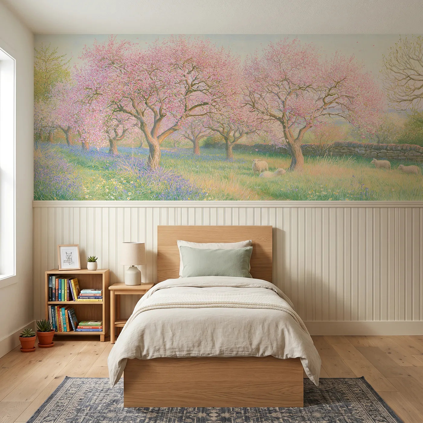 Colored pencil wainscoting wallpaper of an apple orchard in full blossom by Whimsy Tots