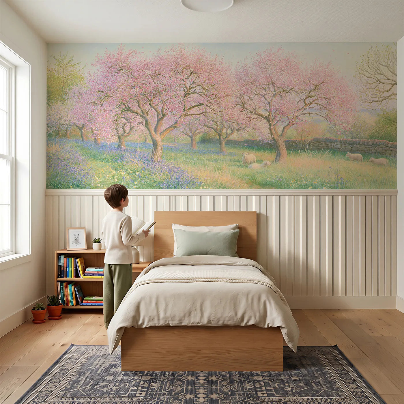 Child reading near Apple Blossom Orchard Morning Wainscoting Wallpaper by Whimsy Tots