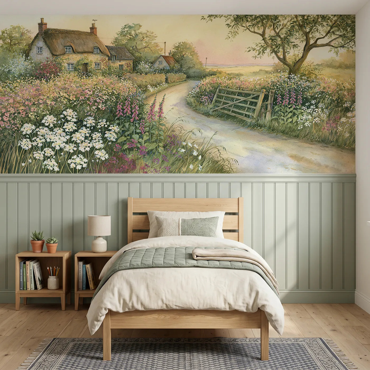 Storybook wainscoting wallpaper of a country lane in golden evening by Whimsy Tots