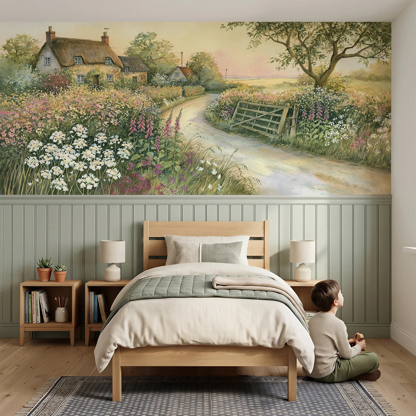 Child reading near Country Lane Evening Gold Wainscoting Wallpaper by Whimsy Tots