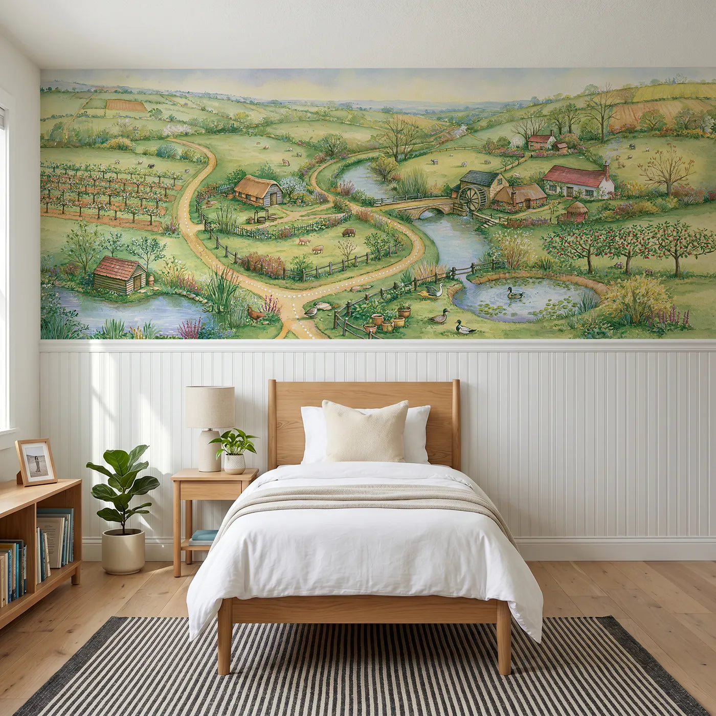 Storybook wainscoting wallpaper of a countryside adventure map by Whimsy Tots