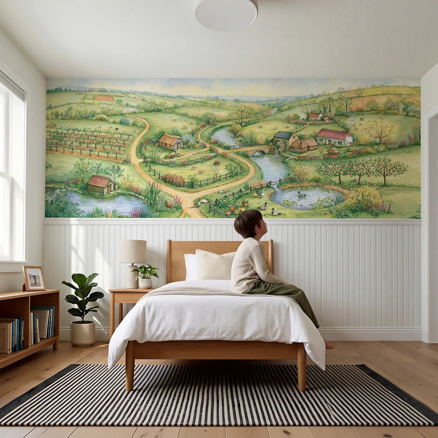 Child reading near Countryside Adventure Map Wainscoting Wallpaper by Whimsy Tots