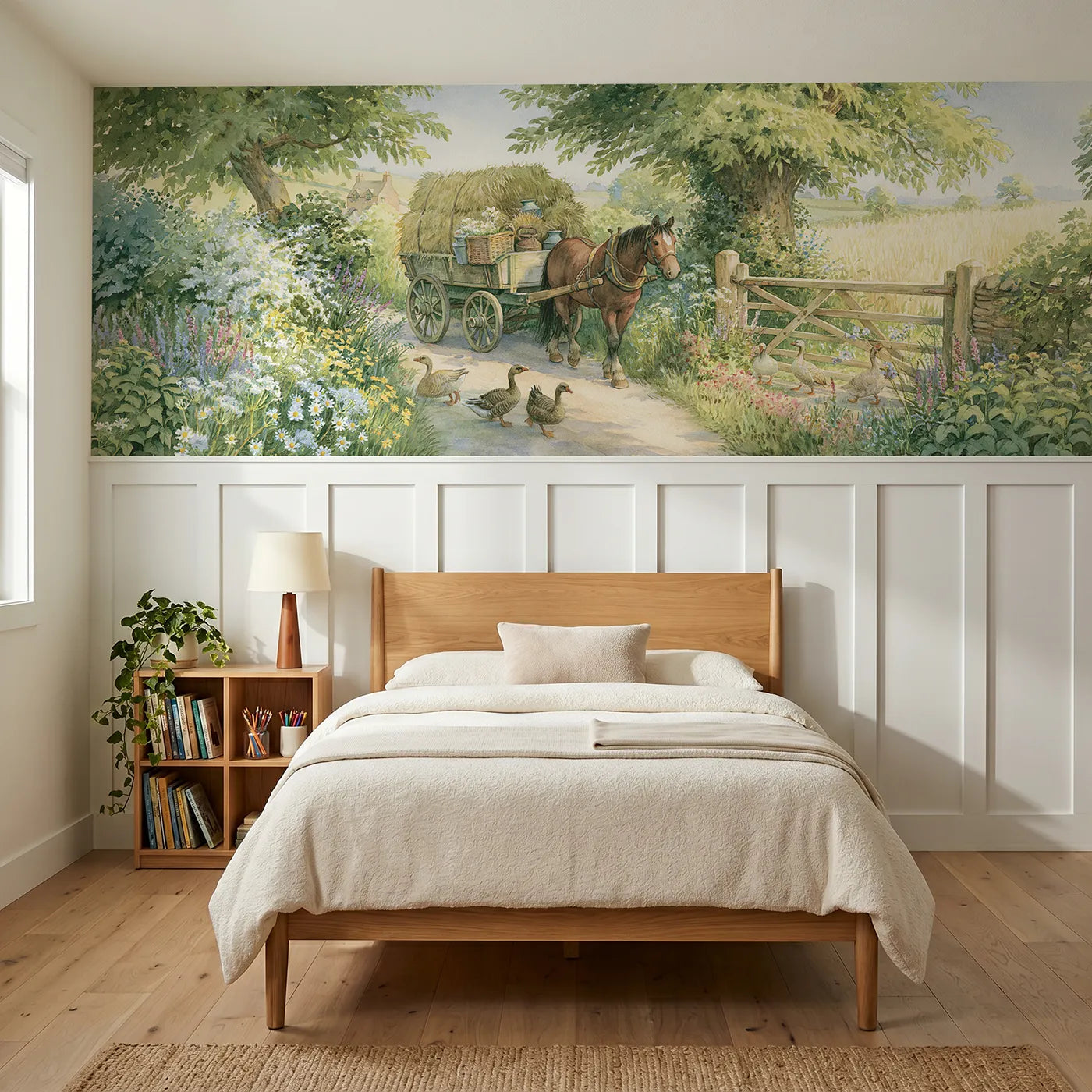 Storybook wainscoting wallpaper of a horse pulling a hay cart by Whimsy Tots