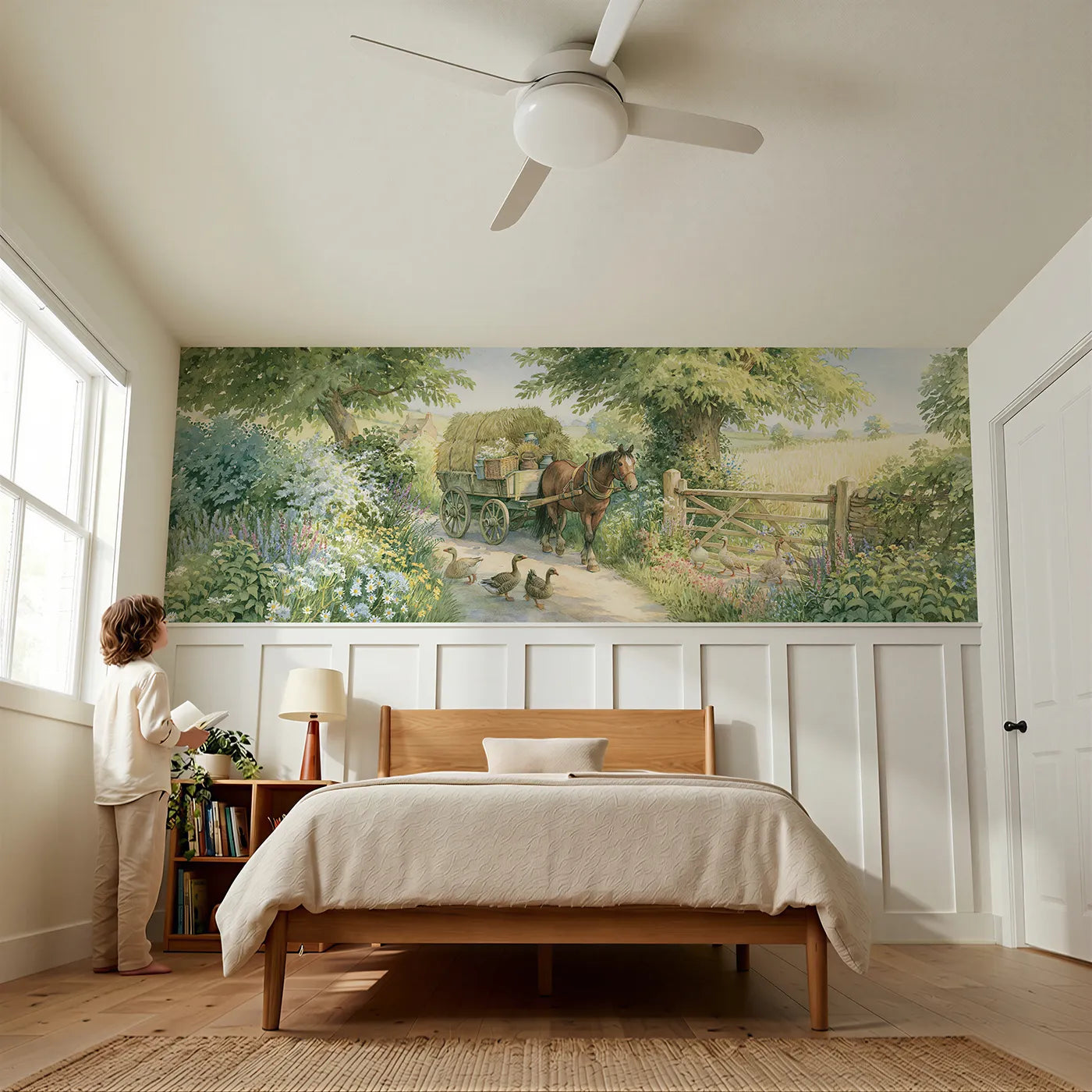 Child reading near The Hay Cart Lane Wainscoting Wallpaper by Whimsy Tots