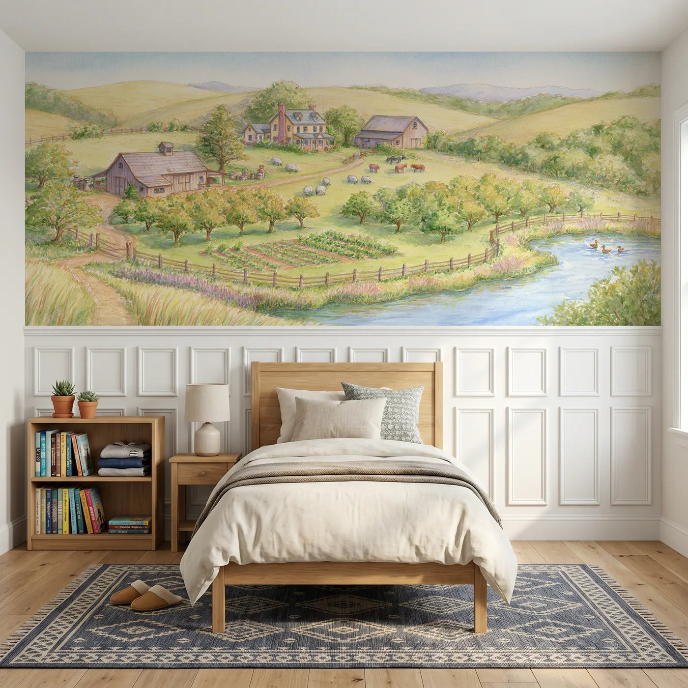 Colored pencil wainscoting mural of a little farmstead in green fields by Whimsy Tots