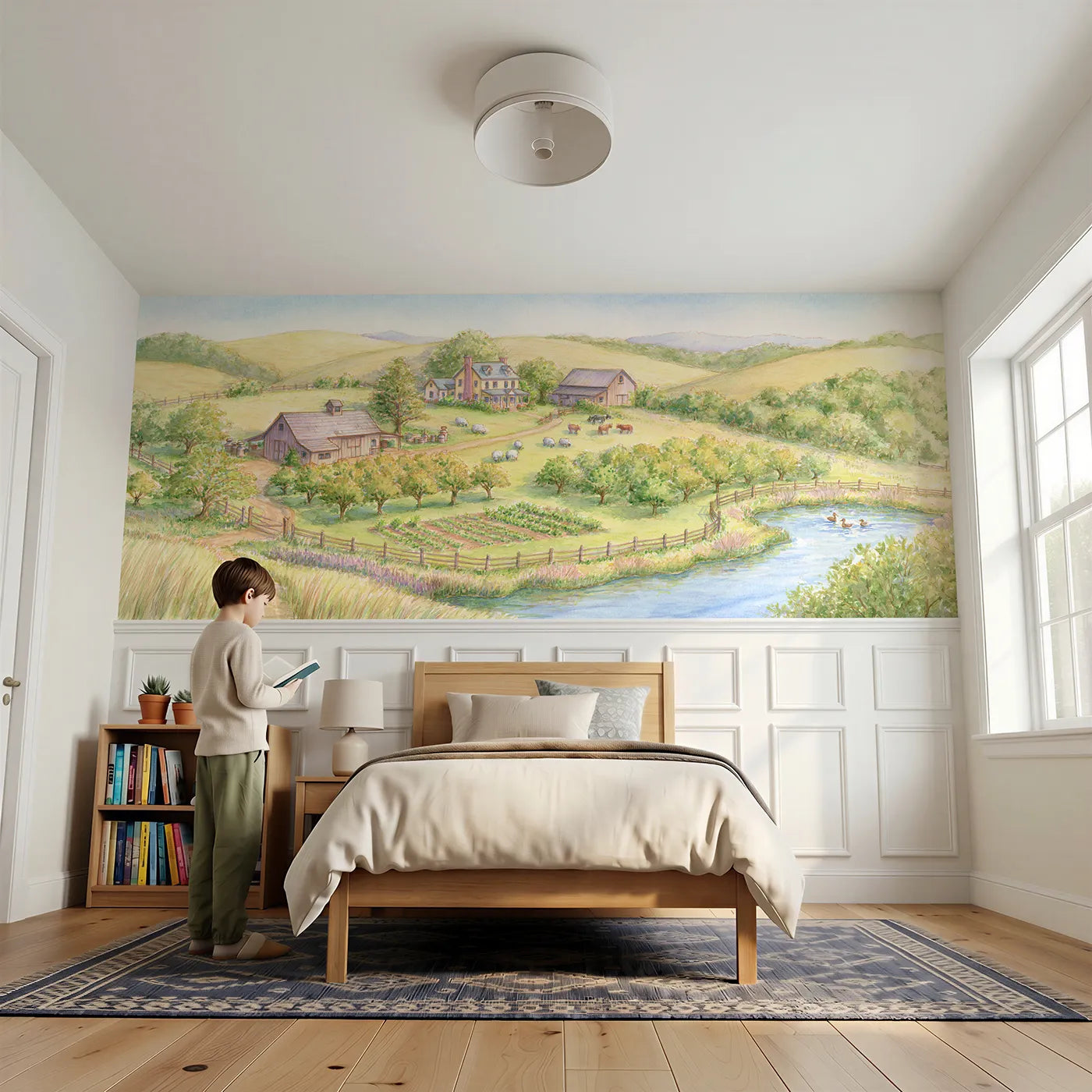 Child reading near The Little Farmstead Wainscoting Wallpaper by Whimsy Tots