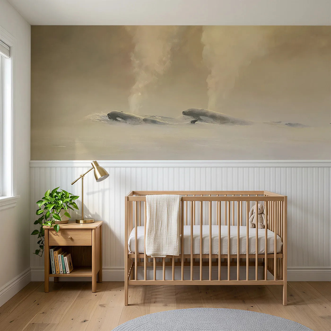 Watercolor wainscoting wallpaper of a whale mother and calf in sea mist by Whimsy Tots