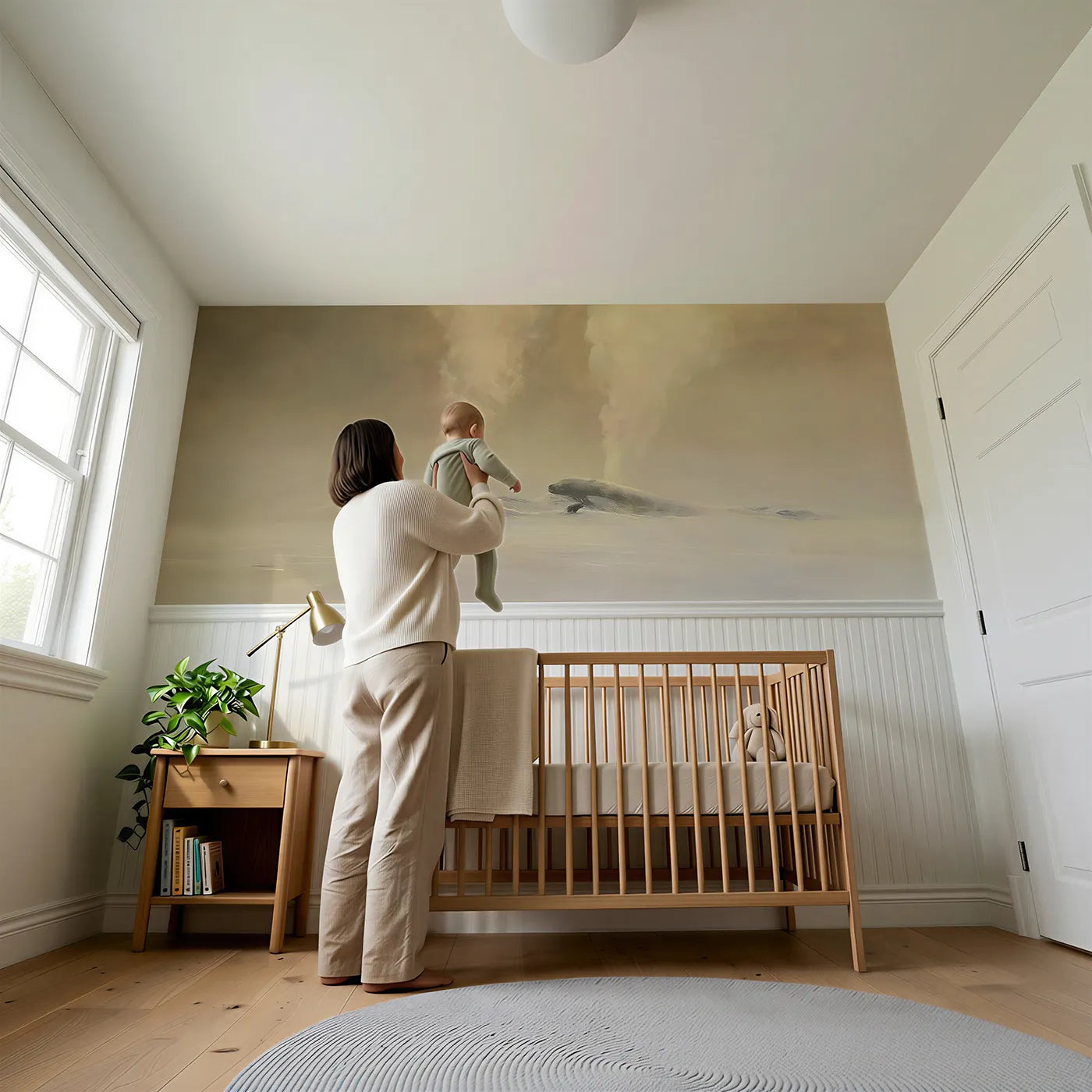 Child reading near Whale Mother Calf Morning Wainscoting Wallpaper by Whimsy Tots