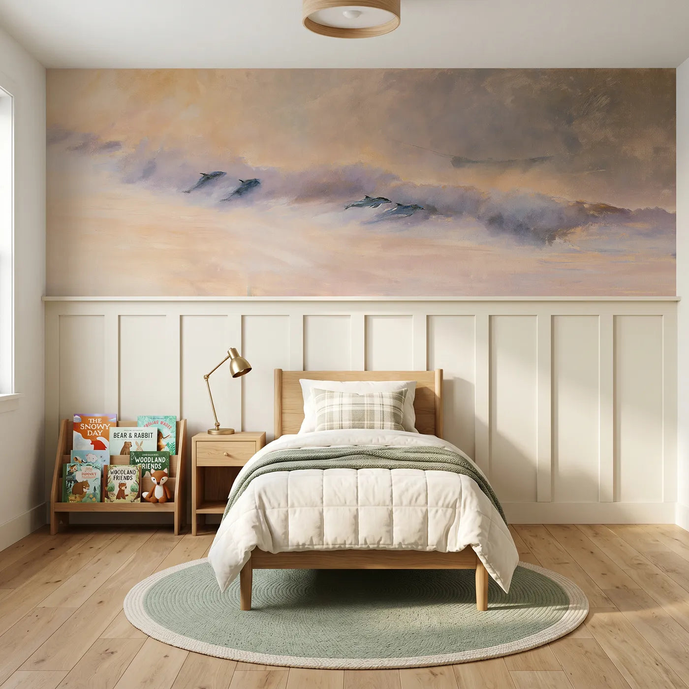 Watercolor wainscoting wallpaper of dolphins riding a dawn bow wave by Whimsy Tots