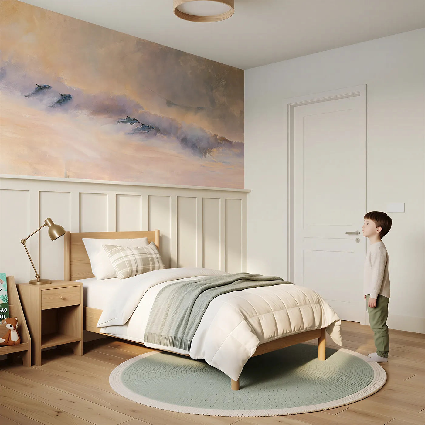 Child reading near Dolphin Bow Wave Play Wainscoting Wallpaper by Whimsy Tots