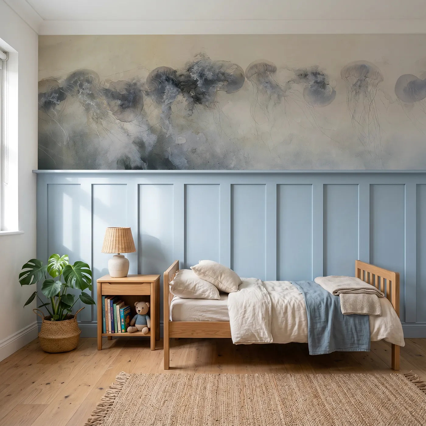 Watercolor wainscoting wallpaper of jellyfish rising in pale dawn water by Whimsy Tots