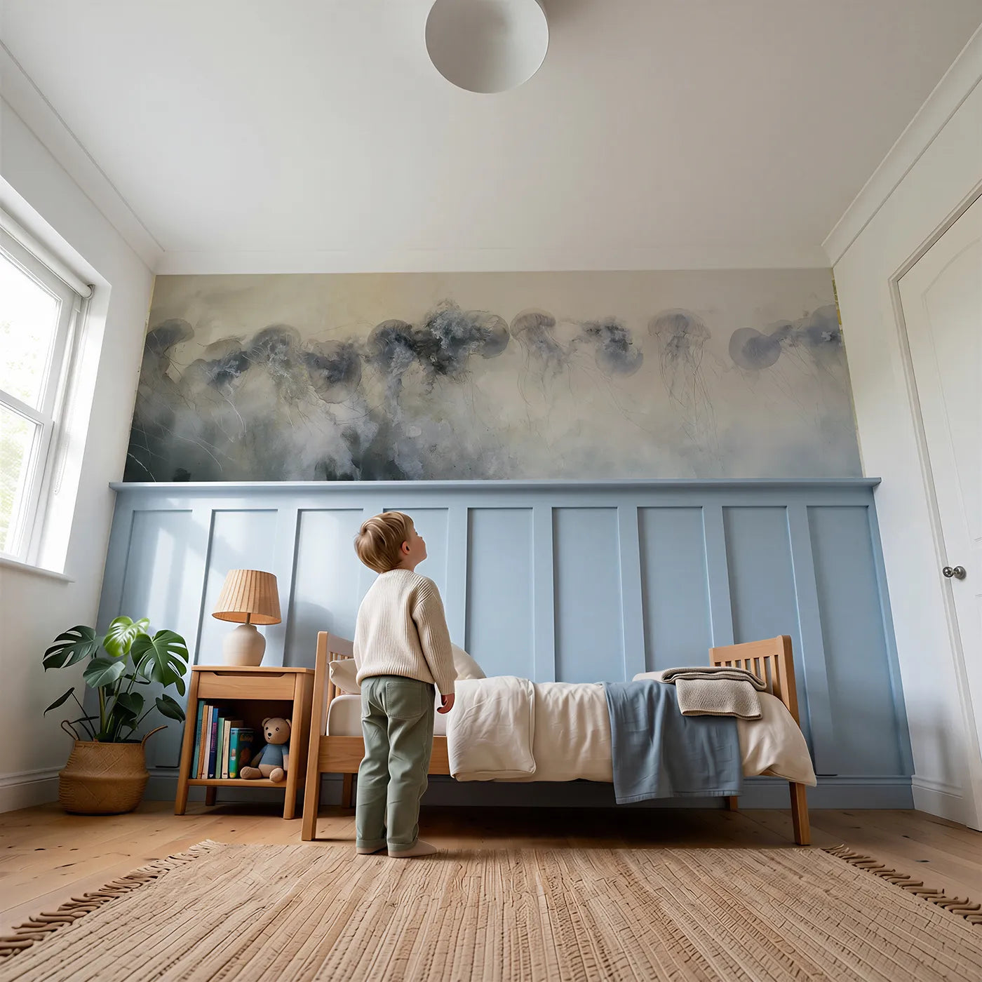 Child reading near Jellyfish Dawn Ballet Wainscoting Wallpaper by Whimsy Tots