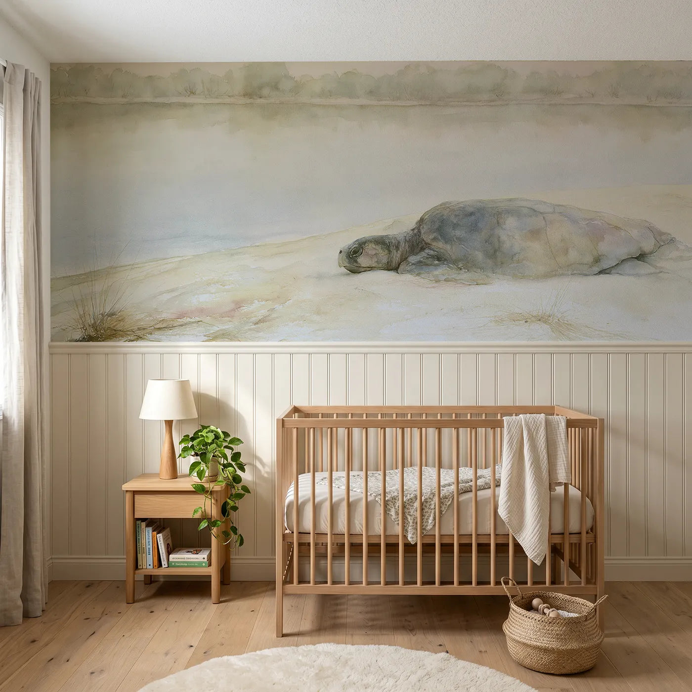 Watercolor wainscoting wallpaper of a sea turtle napping on a sandbank by Whimsy Tots