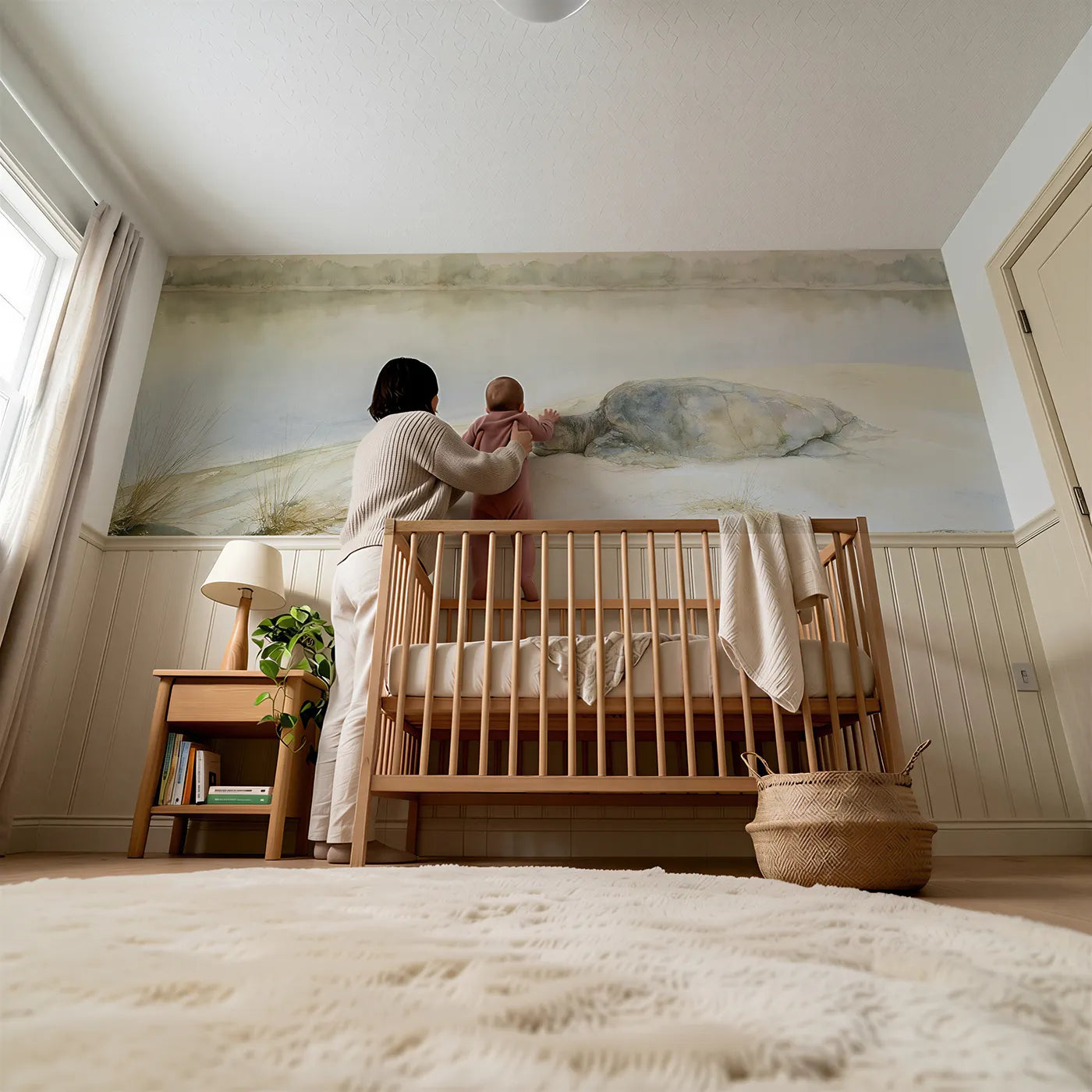 Child reading near Turtle Nap Sandbank Noon Wainscoting Wallpaper by Whimsy Tots