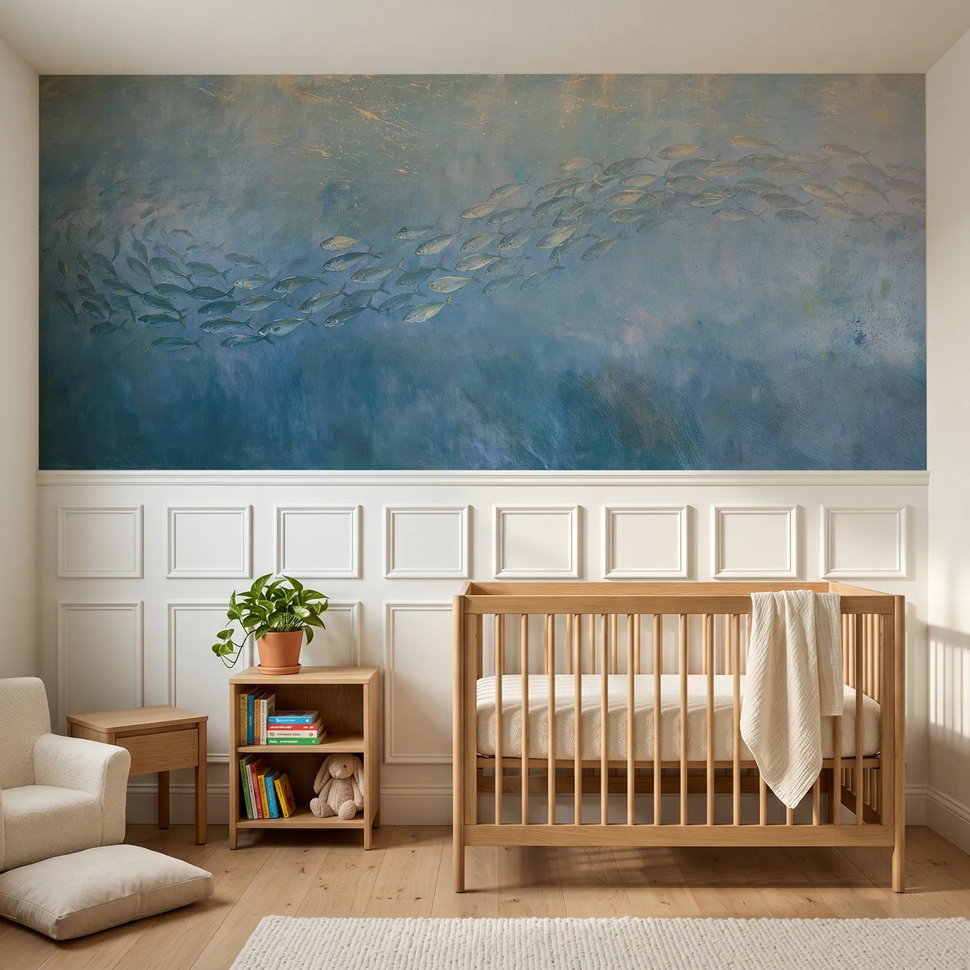 Watercolor wainscoting wallpaper of a silver fish spiral in blue water by Whimsy Tots