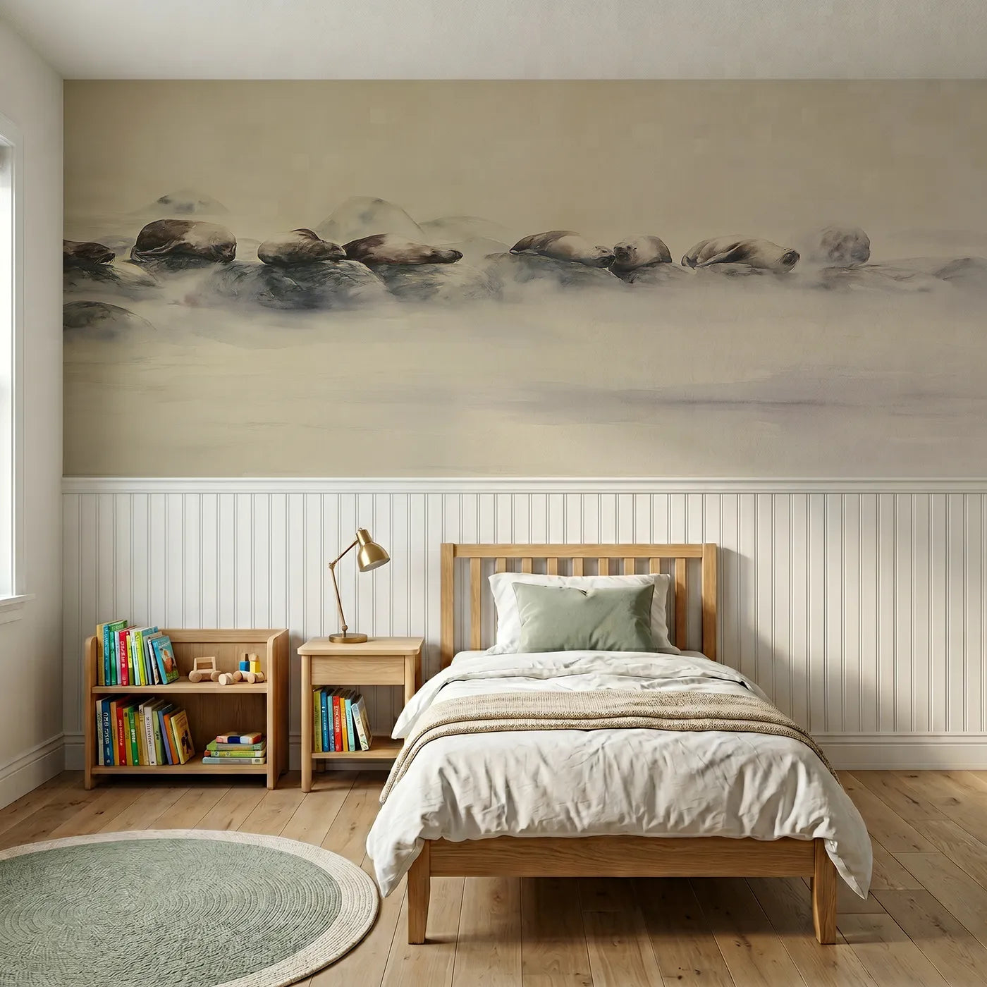 Watercolor wainscoting wallpaper of seals lolling on rocks in sea mist by Whimsy Tots