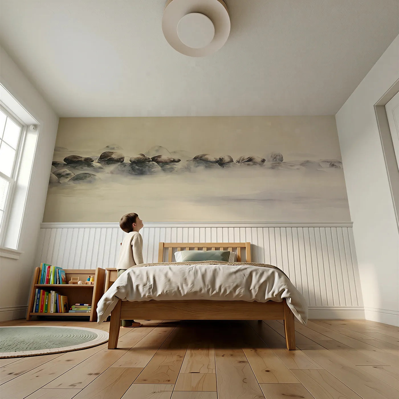 Child reading near Seal Misty Rock Morning Wainscoting Wallpaper by Whimsy Tots