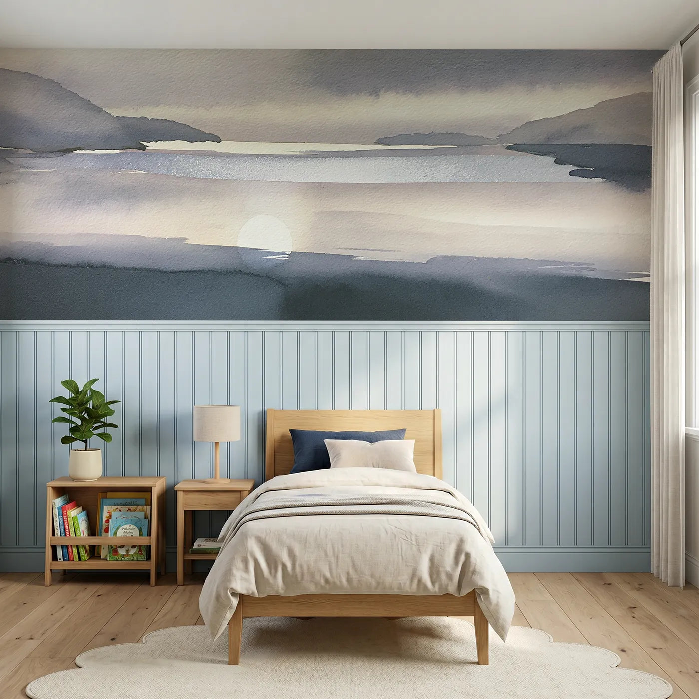 Watercolor wainscoting mural of a moon path across a quiet bay by Whimsy Tots