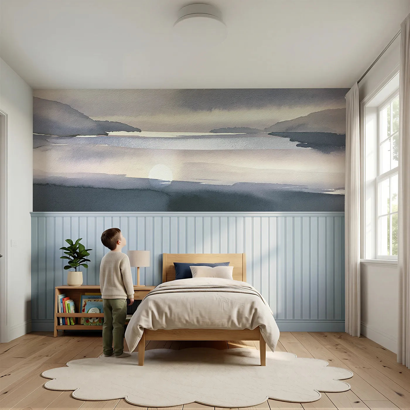 Child reading near Moon Path Quiet Bay Wainscoting Wallpaper by Whimsy Tots