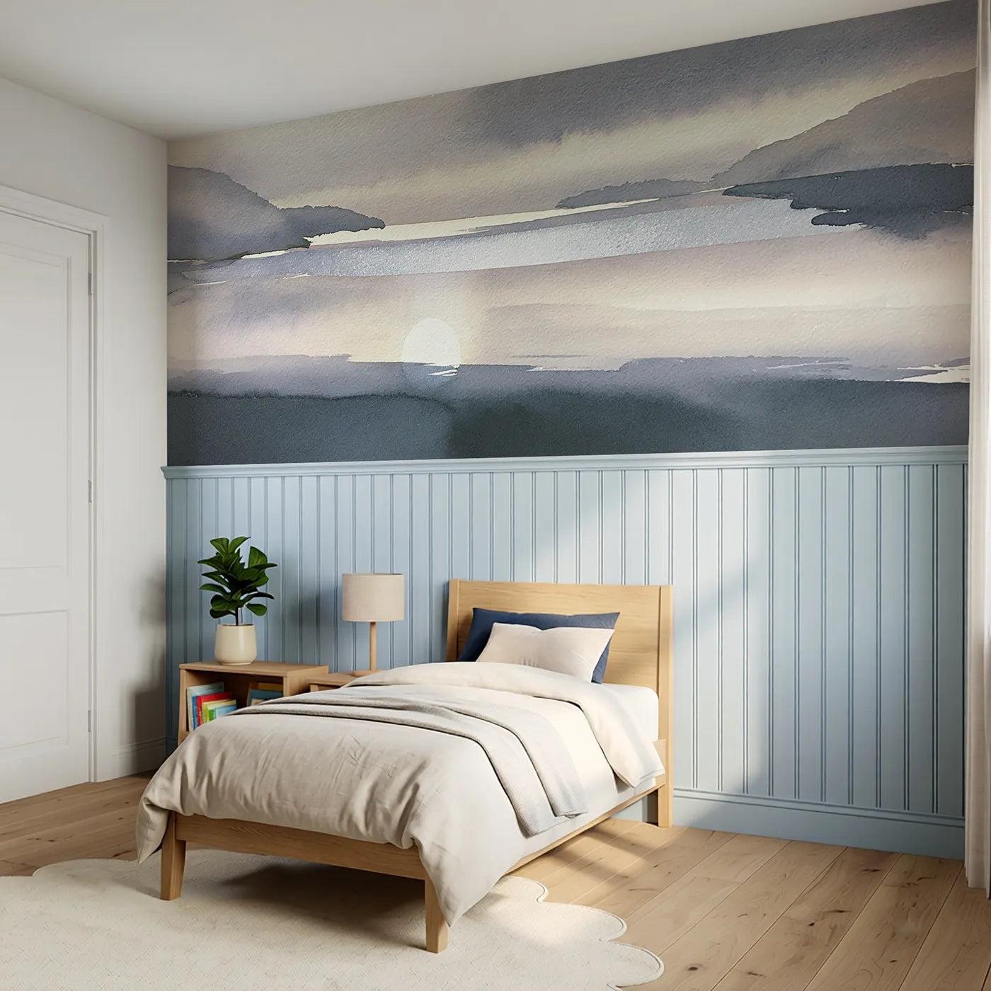 Moon Path Quiet Bay Wainscoting Wallpaper styled in a kids room by Whimsy Tots