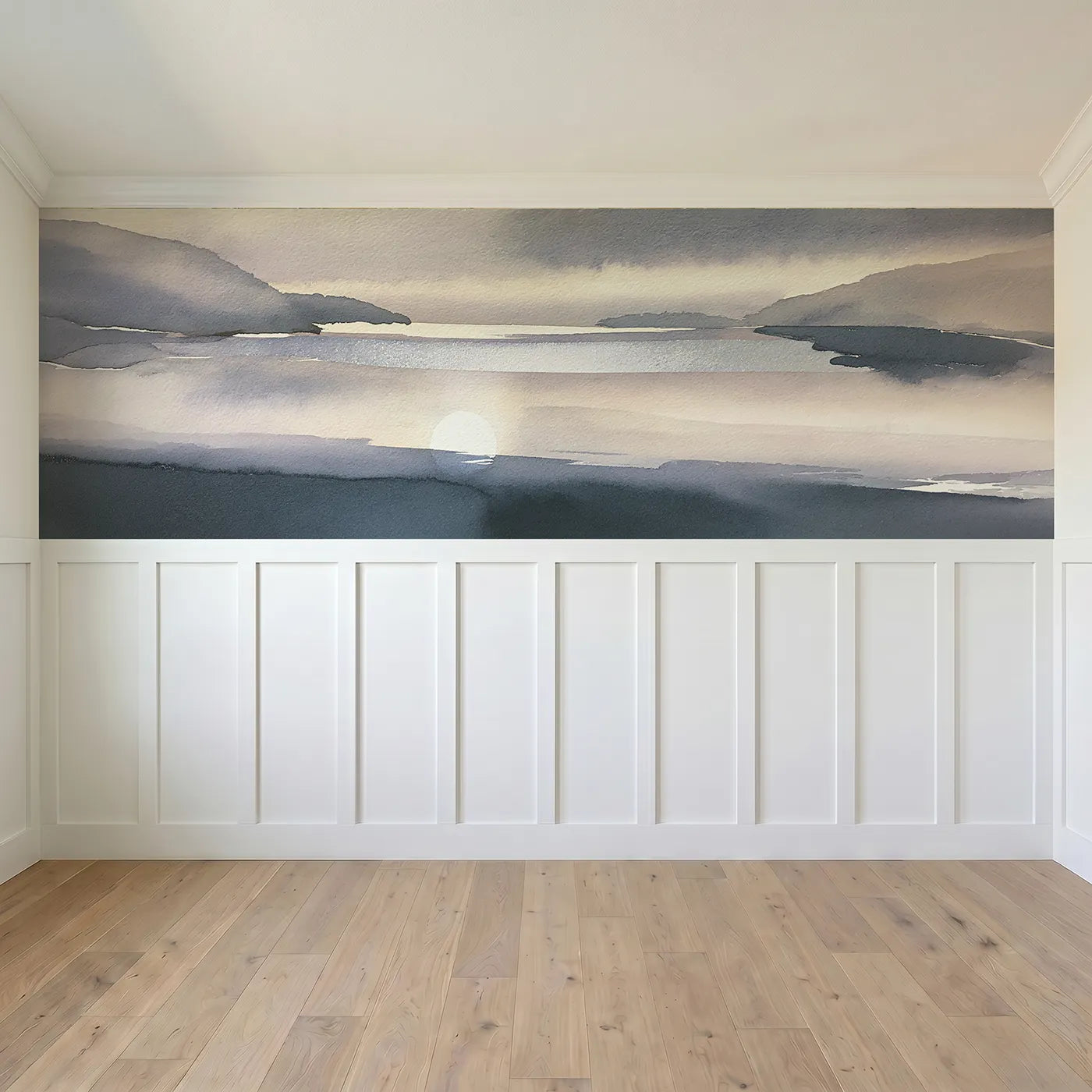 Full panel view of Moon Path Quiet Bay Wainscoting Wallpaper by Whimsy Tots