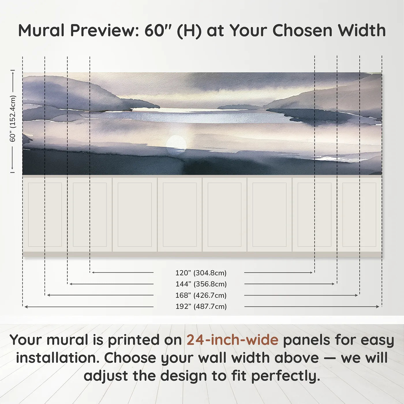 Panel dimensions for Moon Path Quiet Bay Wainscoting Wallpaper by Whimsy Tots