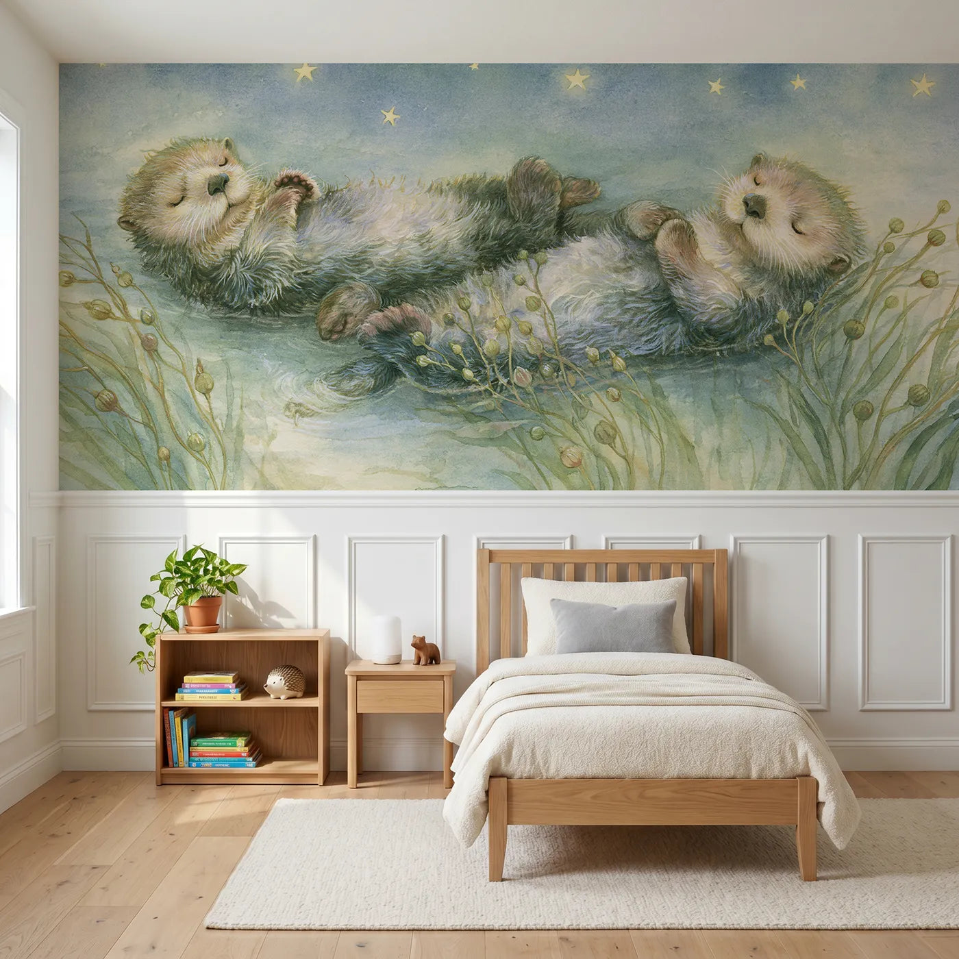 Storybook wainscoting wallpaper of otters sleeping holding paws by Whimsy Tots