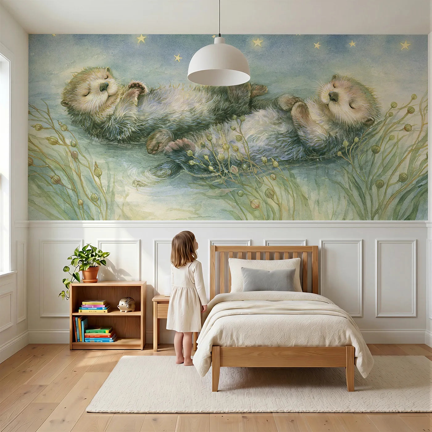 Child reading near Otters Holding Hands Sleep Wainscoting Wallpaper by Whimsy Tots