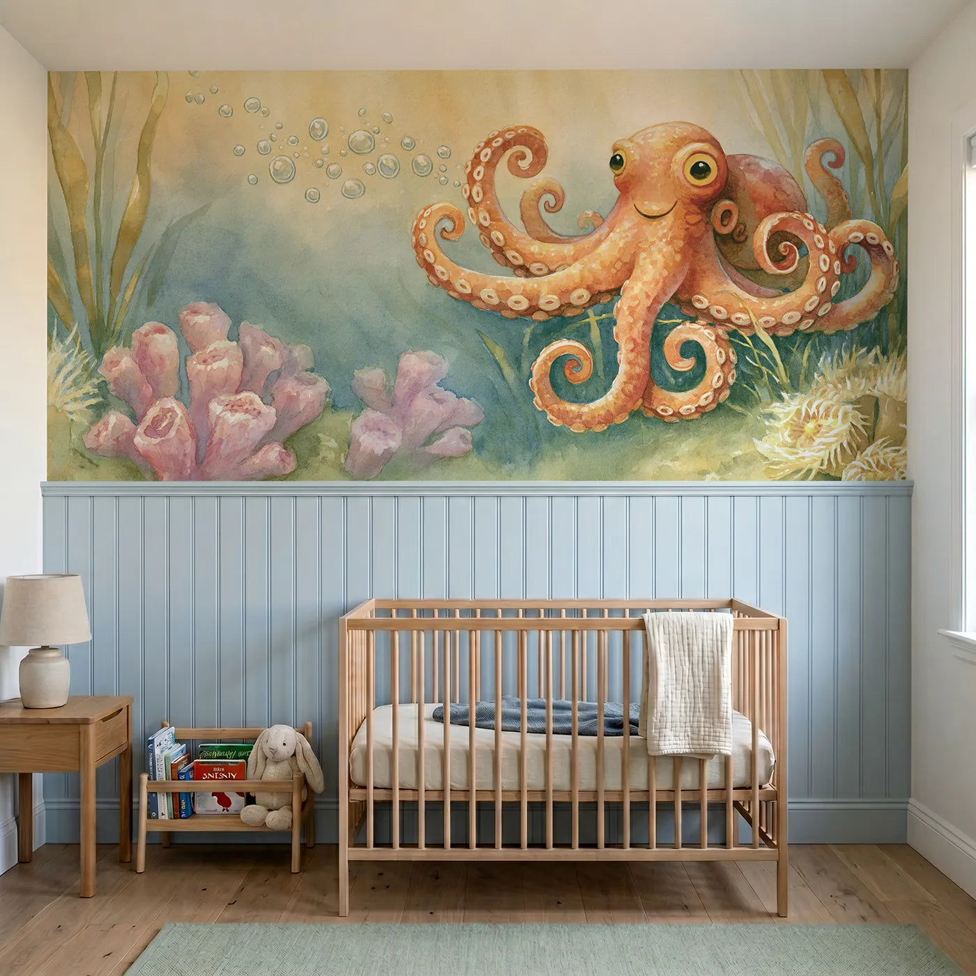 Storybook wainscoting wallpaper of an octopus playing with bubbles by Whimsy Tots