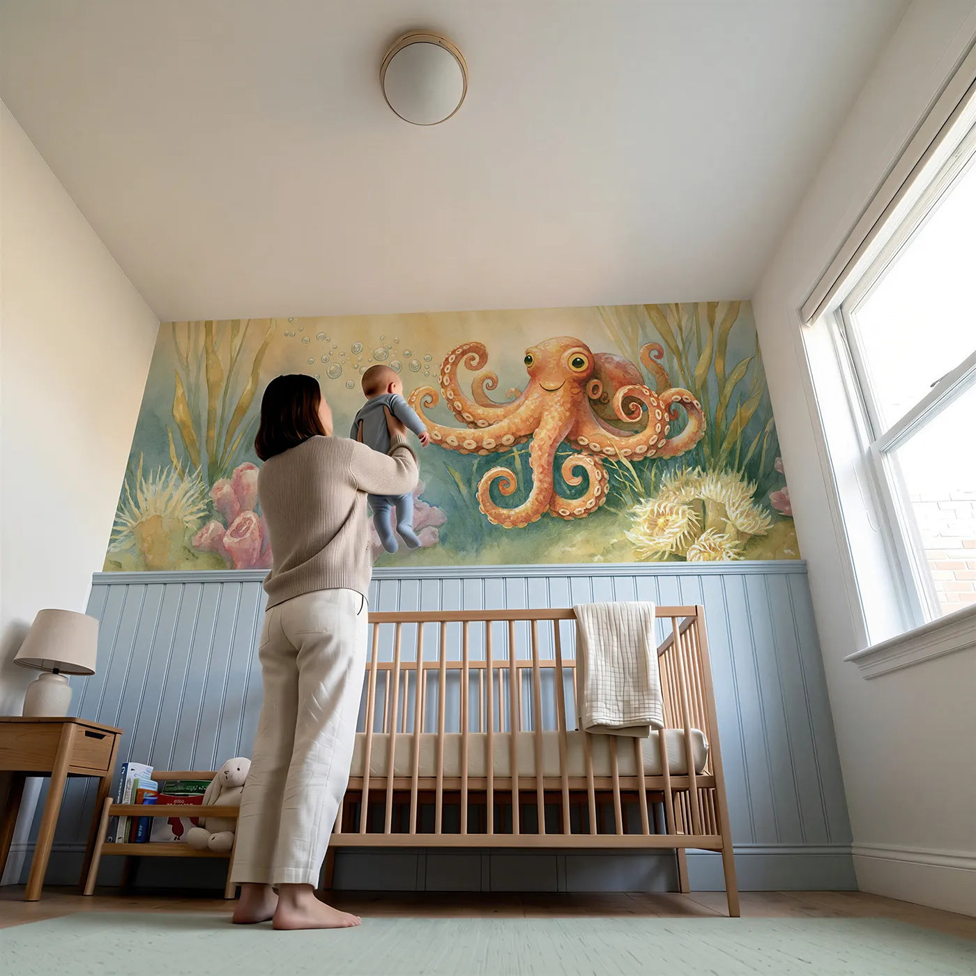 Child reading near Octopus Bubble Play Wainscoting Wallpaper by Whimsy Tots