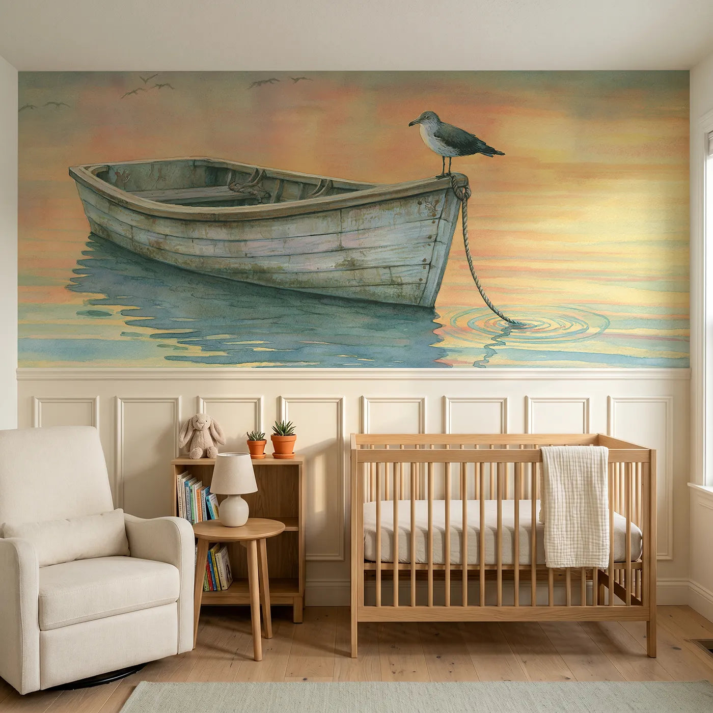 Storybook wainscoting wallpaper of a rowboat at anchor in a golden cove by Whimsy Tots