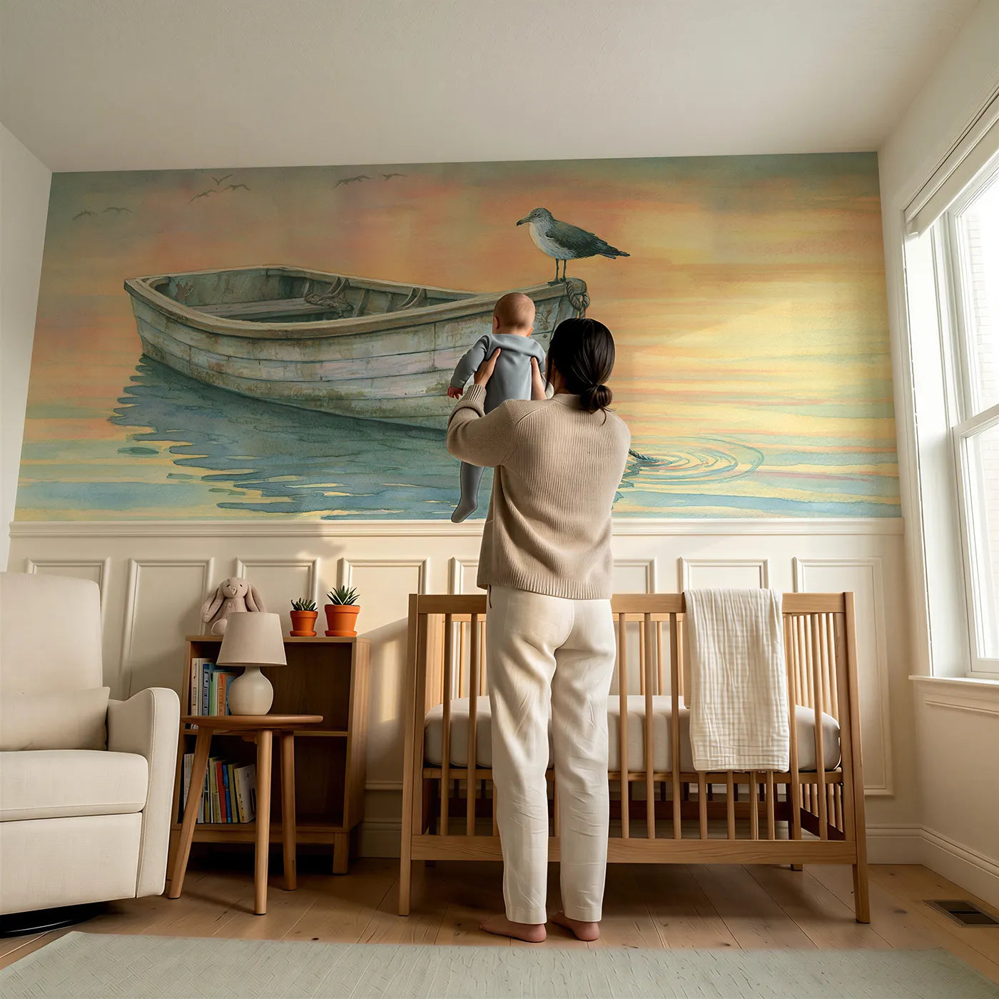 Child reading near Little Rowboat Cove Rest Wainscoting Wallpaper by Whimsy Tots