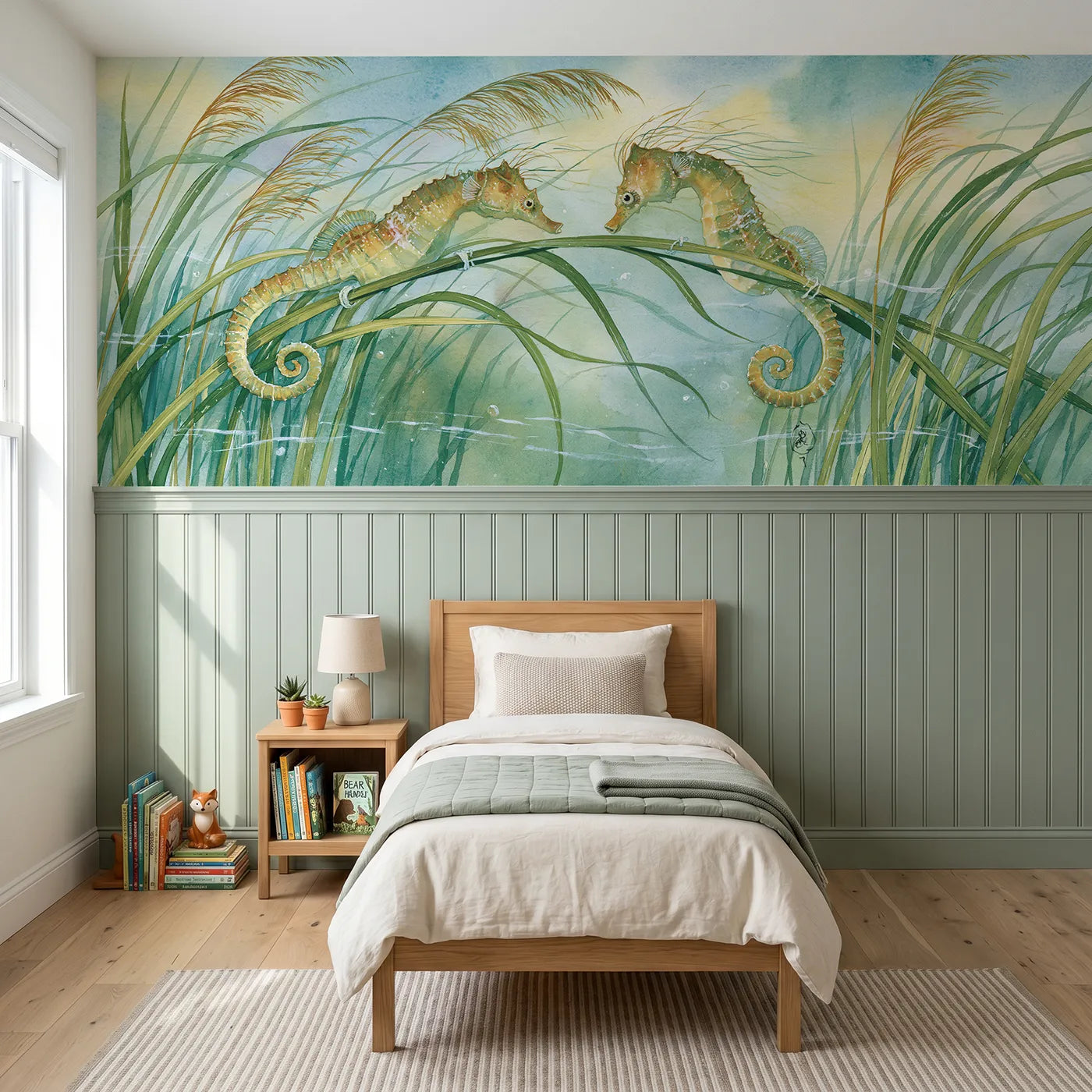 Storybook wainscoting wallpaper of seahorses holding a seagrass blade by Whimsy Tots