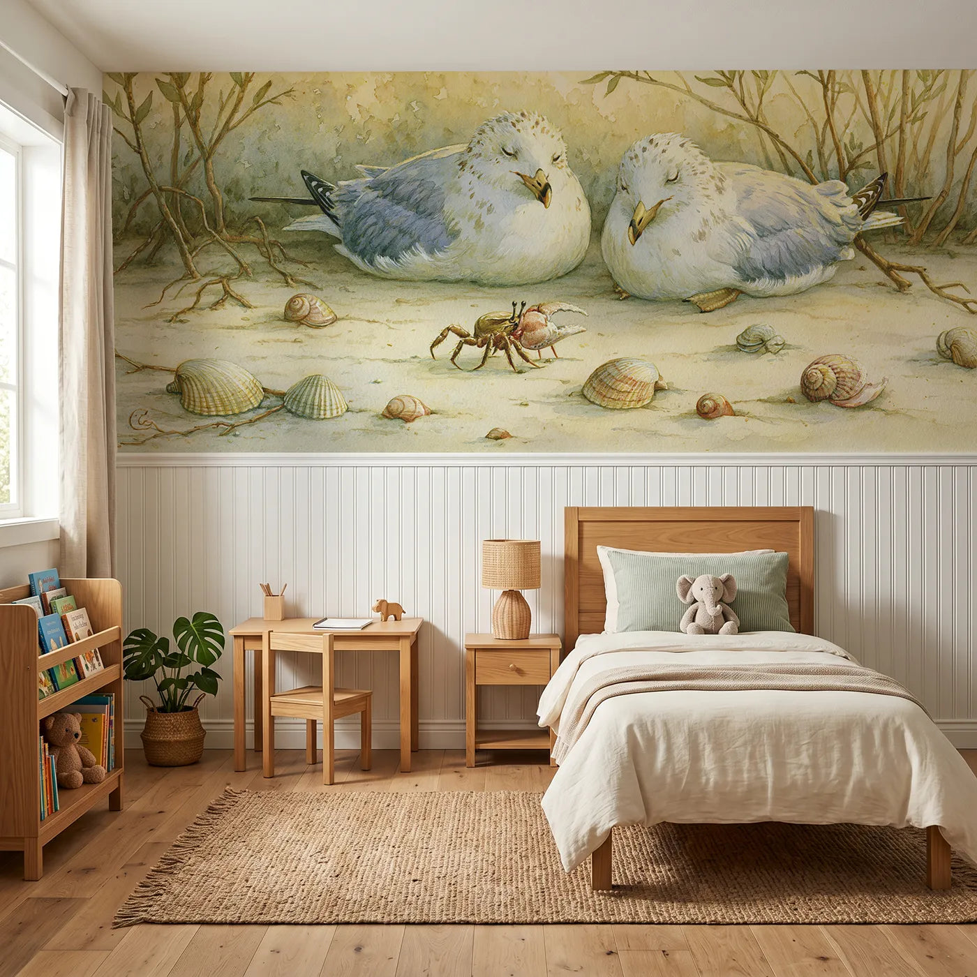 Storybook wainscoting wallpaper of a crab tiptoeing past sleeping gulls by Whimsy Tots