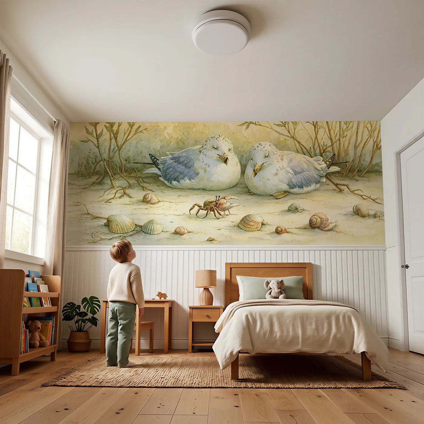 Child reading near Crab Beach Tiptoe Dawn Wainscoting Wallpaper by Whimsy Tots