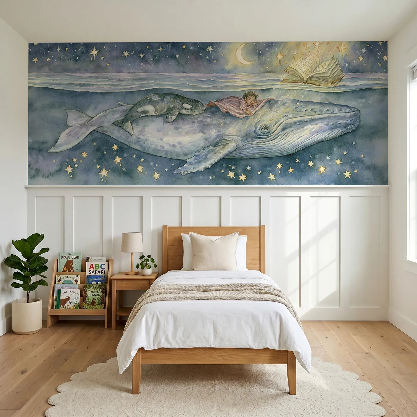 Storybook wainscoting wallpaper of a whale calf sleeping beside its mother by Whimsy Tots
