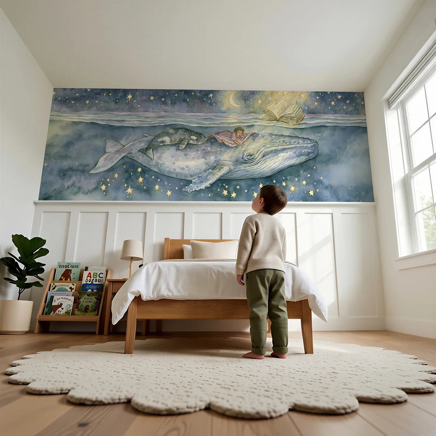 Child reading near Whale Goodnight Lullaby Wainscoting Wallpaper by Whimsy Tots