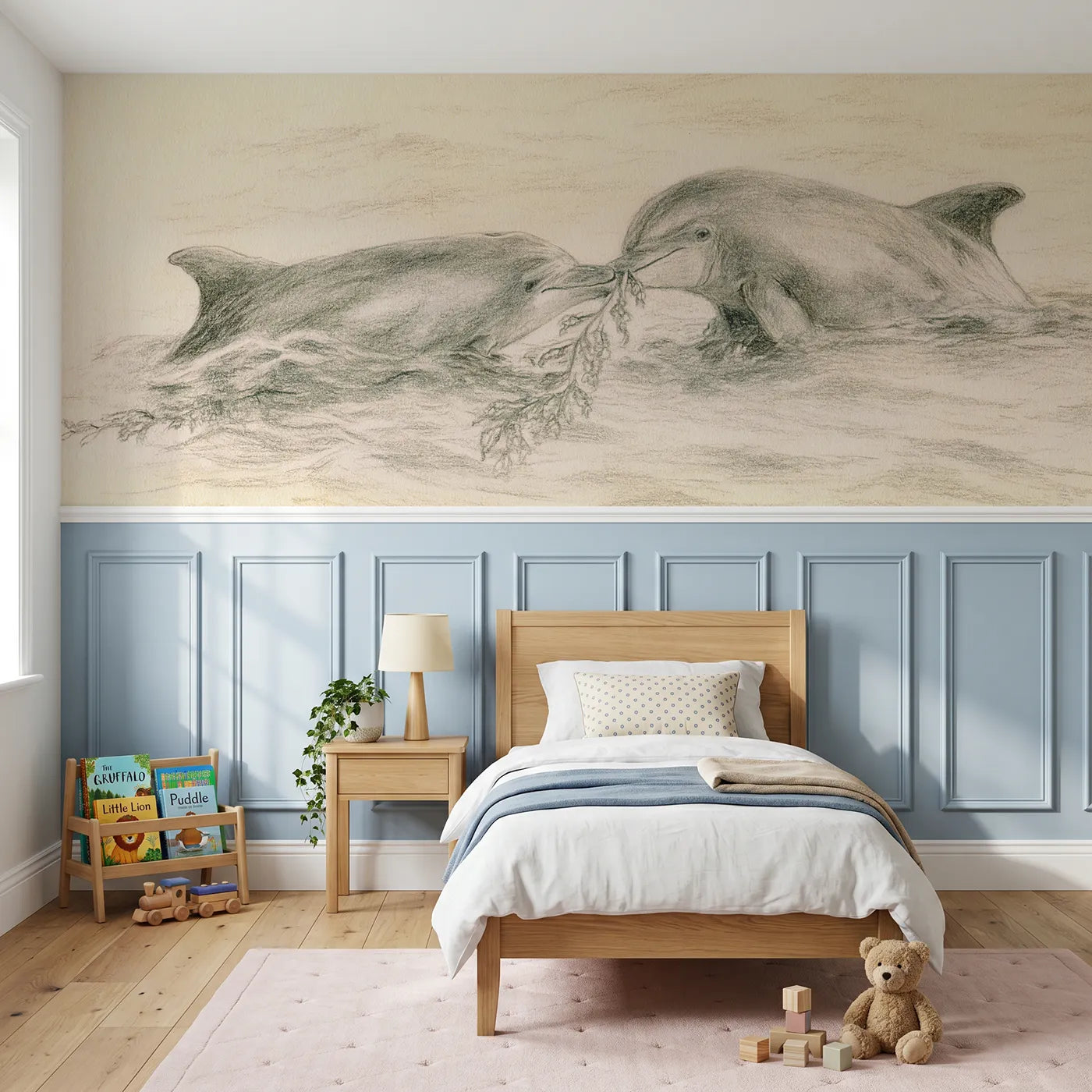 Colored pencil wainscoting wallpaper of dolphins playing a seaweed game by Whimsy Tots