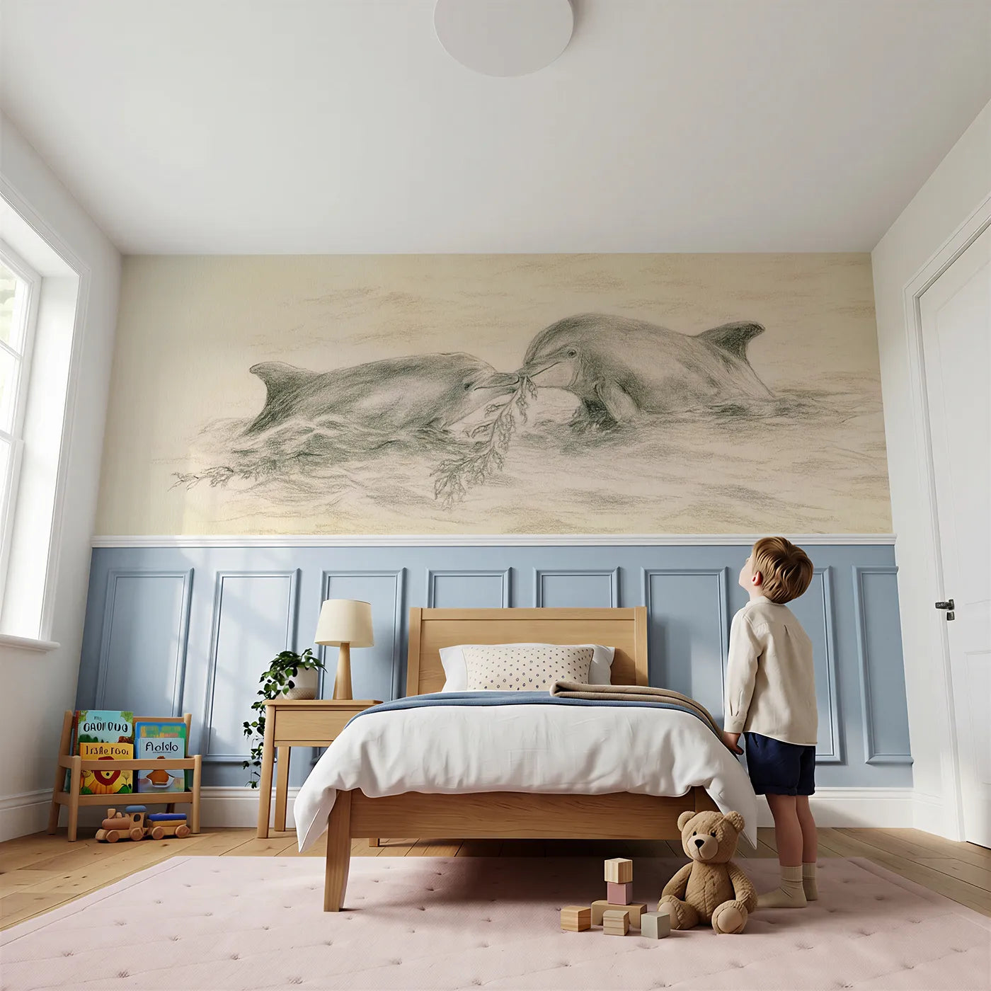 Child reading near Dolphin Seaweed Catch Game Wainscoting Wallpaper by Whimsy Tots