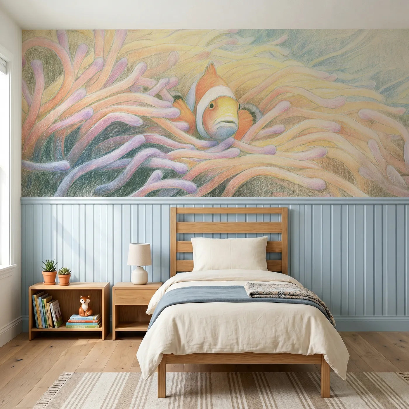 Colored pencil wainscoting wallpaper of a clownfish peeking from an anemone by Whimsy Tots