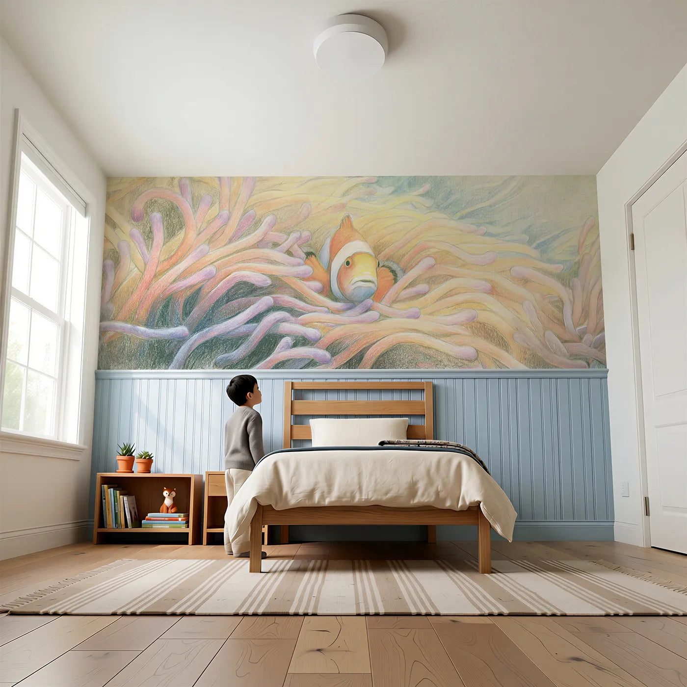 Child reading near Clownfish Anemone Peek Wainscoting Wallpaper by Whimsy Tots