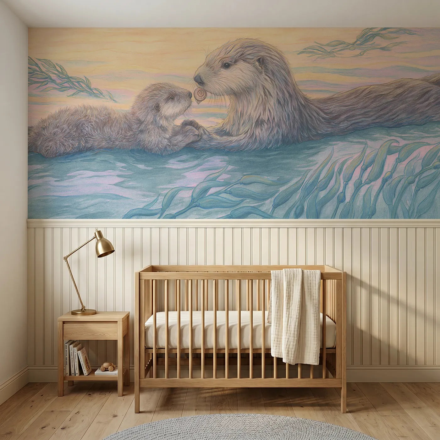 Colored pencil wainscoting wallpaper of an otter pup gifting a shell by Whimsy Tots